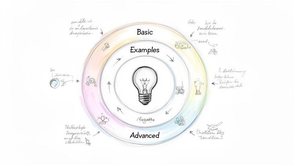 Hand-drawn circular diagram illustrating a learning process from basic to advanced concepts with examples.