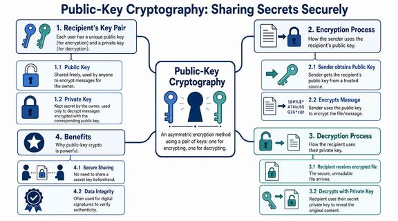 A diagram explaining the public-key cryptography process for sharing files securely using keys for encryption and decryption.