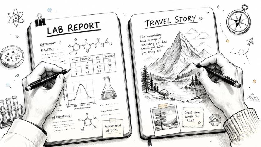 A person writing in two open notebooks contrasting a scientific lab report with a travel story journal.