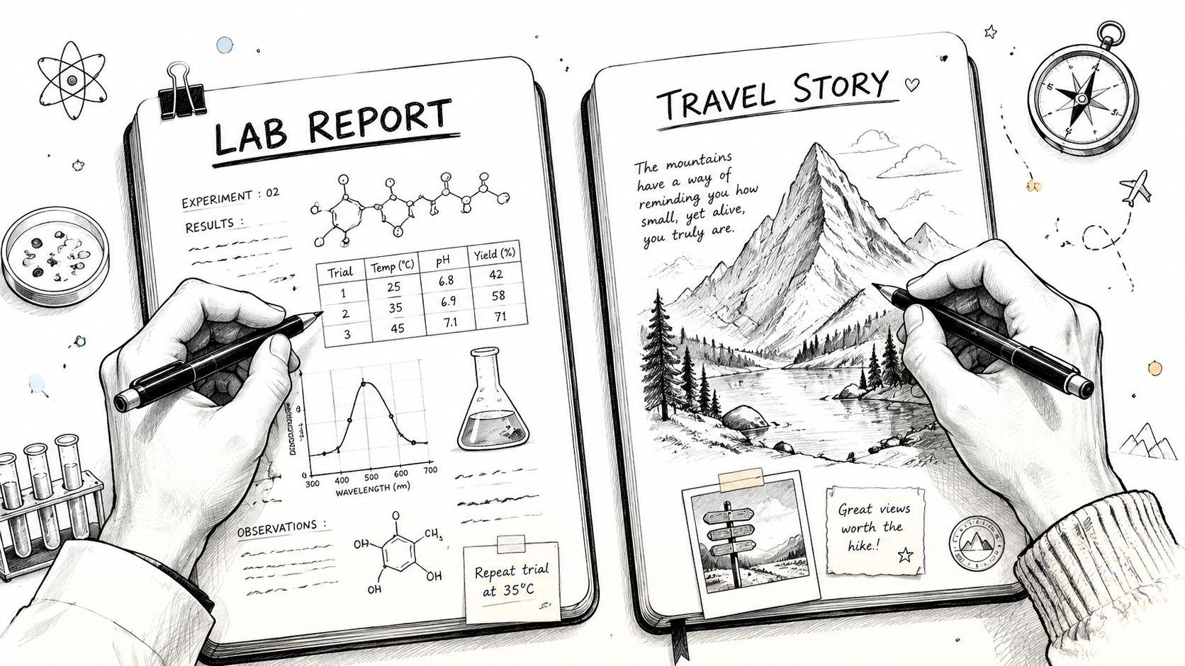 A person writing in two open notebooks contrasting a scientific lab report with a travel story journal.