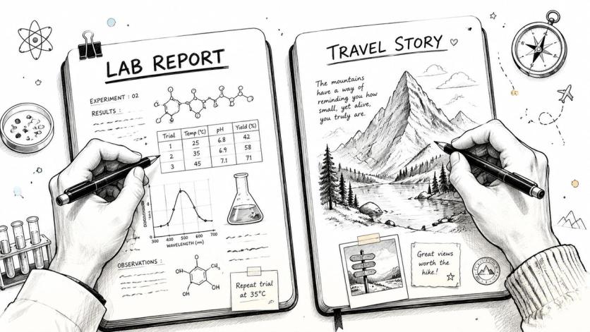A person writing in two open notebooks contrasting a scientific lab report with a travel story journal.