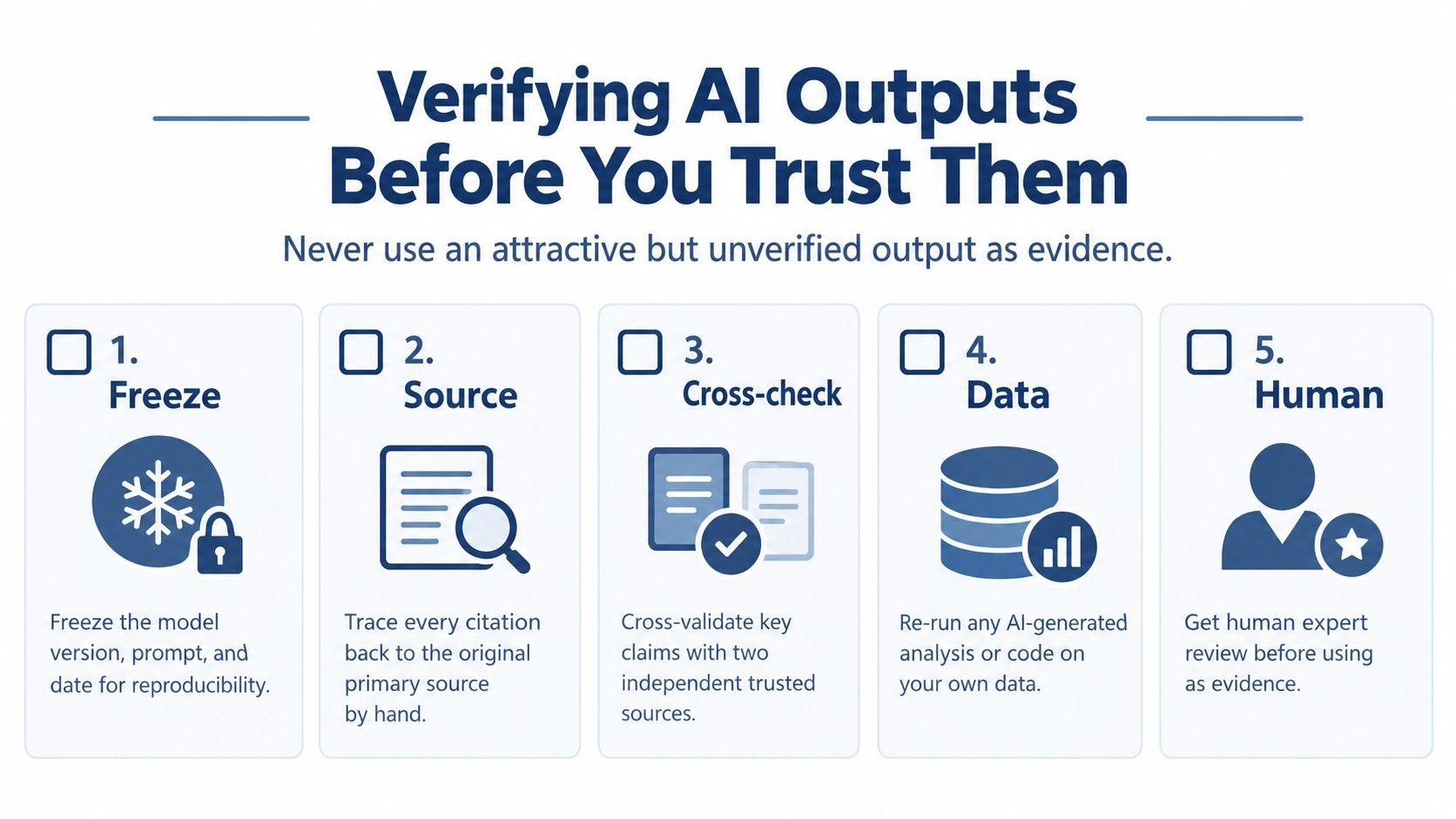 An infographic outlining five essential steps to verify AI-generated outputs before using them as reliable evidence.