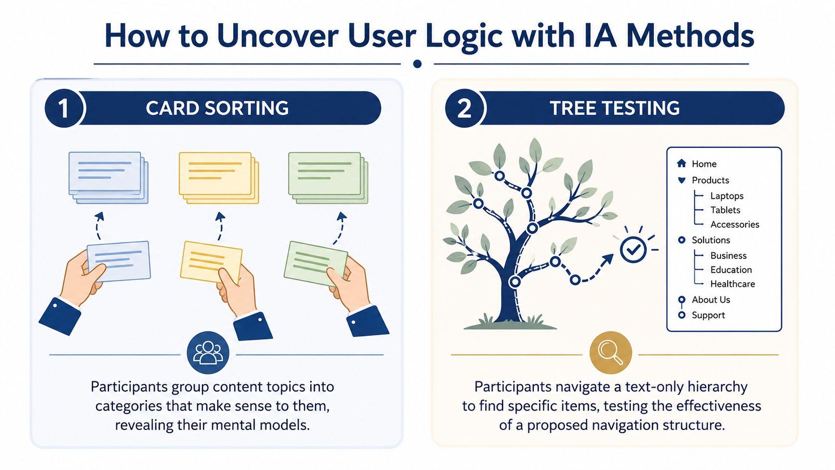 A diagram explaining information architecture research methods including card sorting and tree testing for user experience.