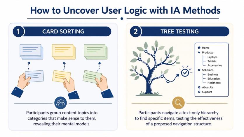 A diagram explaining information architecture research methods including card sorting and tree testing for user experience.