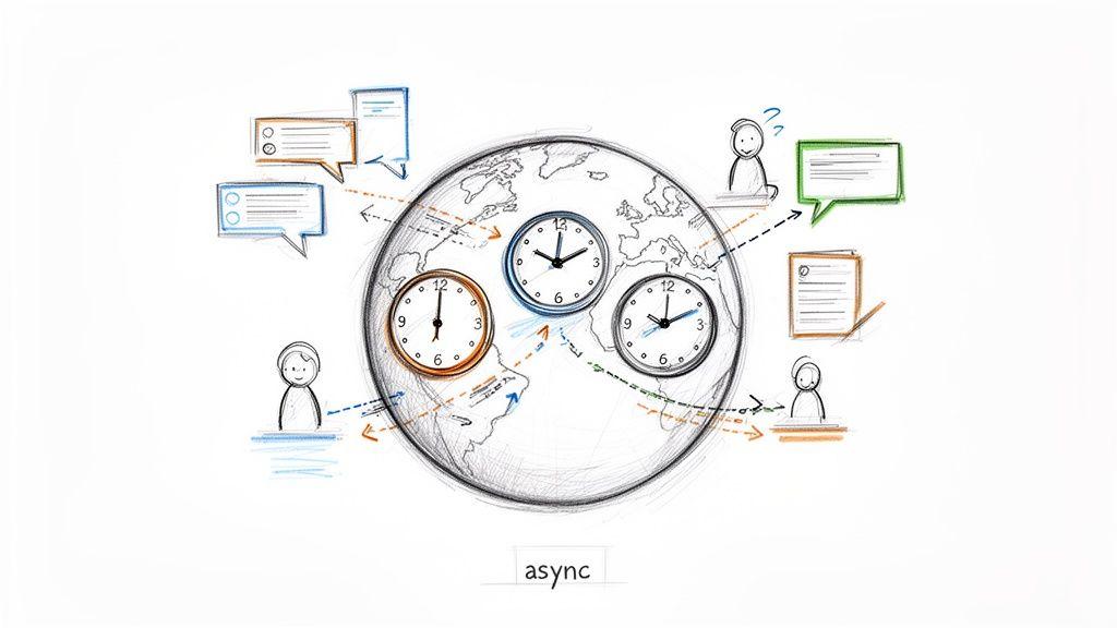 Illustration of global asynchronous communication with people, chat bubbles, and clocks across time zones.