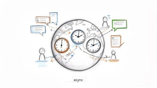 Illustration of global asynchronous communication with people, chat bubbles, and clocks across time zones.