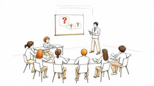 Teacher leading interactive classroom discussion with students seated around tables brainstorming questions