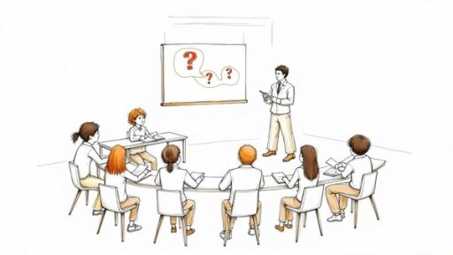 Teacher leading interactive classroom discussion with students seated around tables brainstorming questions