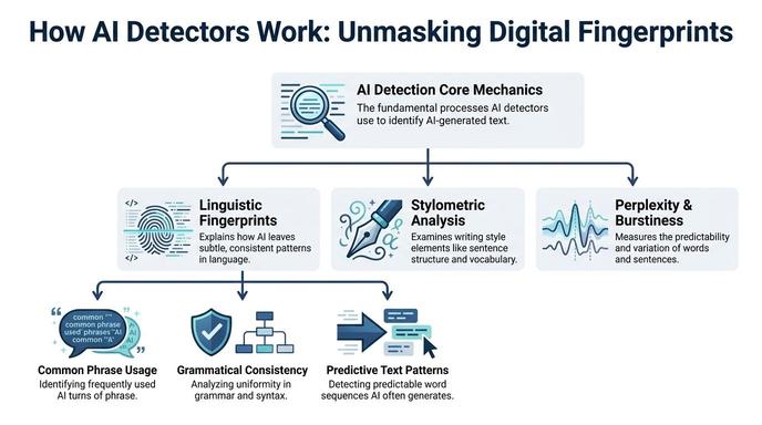 A flowchart explaining how AI detectors use linguistic, stylometric, and predictive patterns to identify AI-generated text.