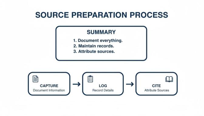 A flowchart outlining the source preparation process with a summary and three sequential steps.