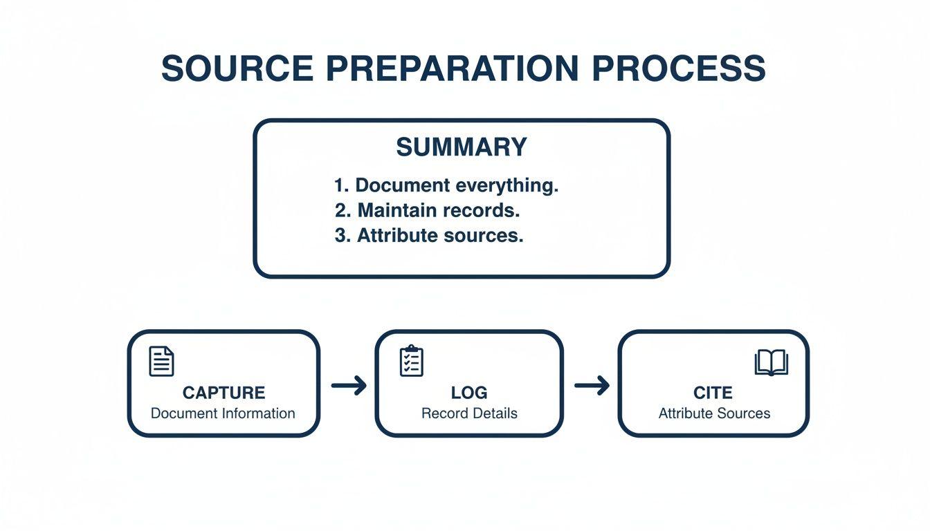 A flowchart outlining the source preparation process with a summary and three sequential steps.