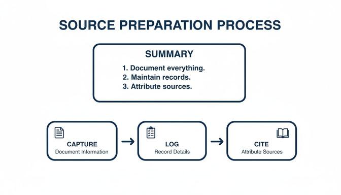 A flowchart outlining the source preparation process with a summary and three sequential steps.