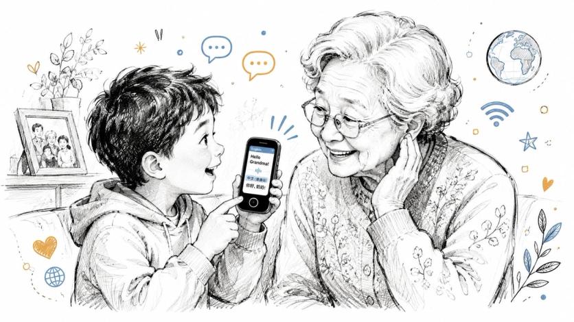 A young boy showing a language translation app on a smartphone to his smiling grandmother.