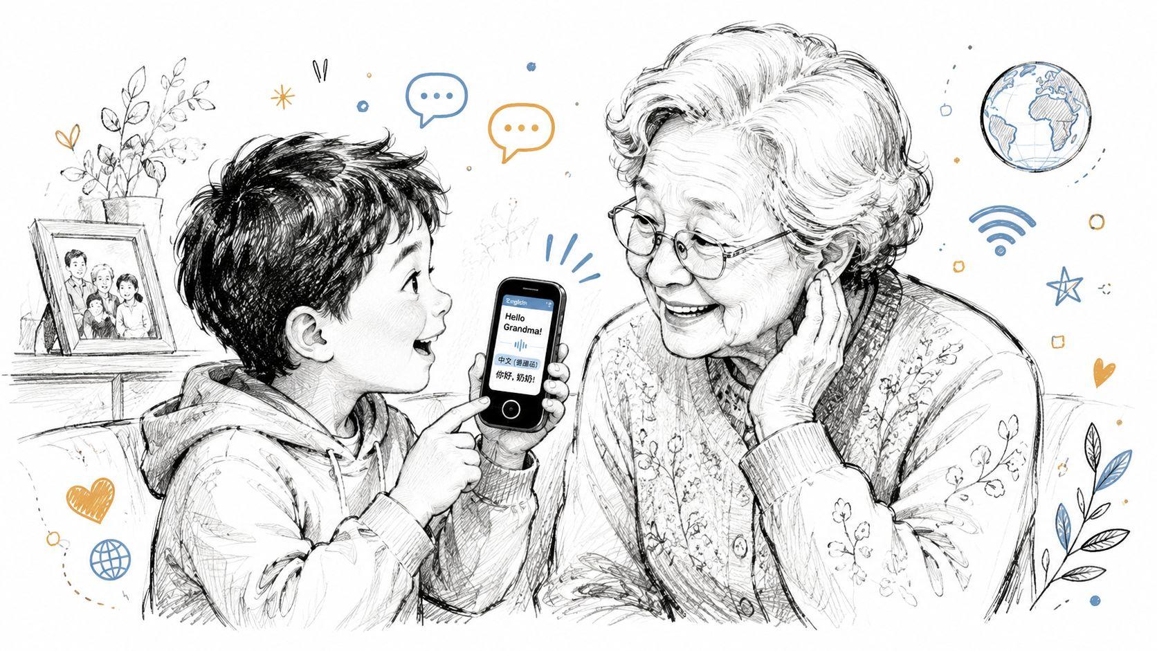 A young boy showing a language translation app on a smartphone to his smiling grandmother.