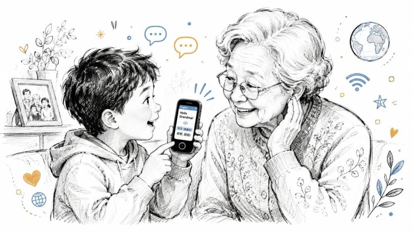 A young boy showing a language translation app on a smartphone to his smiling grandmother.
