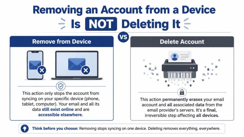 An infographic comparing the difference between removing an email account from a device versus deleting it permanently.