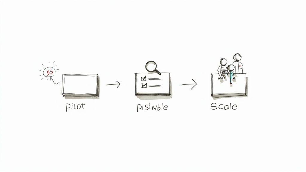 A diagram illustrating a three-stage project process: pilot, assessment with checklist, and scaling with people.