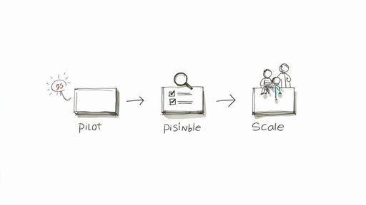 A diagram illustrating a three-stage project process: pilot, assessment with checklist, and scaling with people.