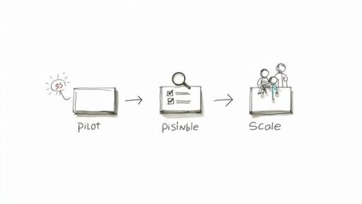 A diagram illustrating a three-stage project process: pilot, assessment with checklist, and scaling with people.