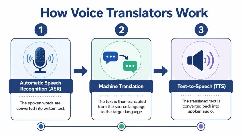 An infographic illustrating the three steps of how voice translators process language from speech to translation.