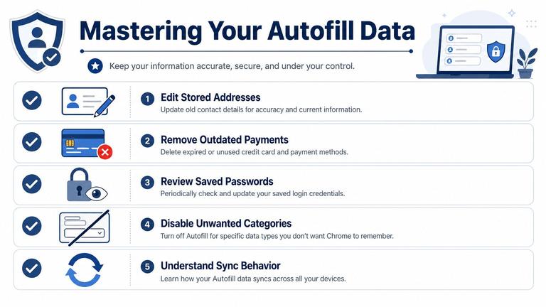 An infographic titled Mastering Your Autofill Data, listing five tips for managing browser security and convenience.