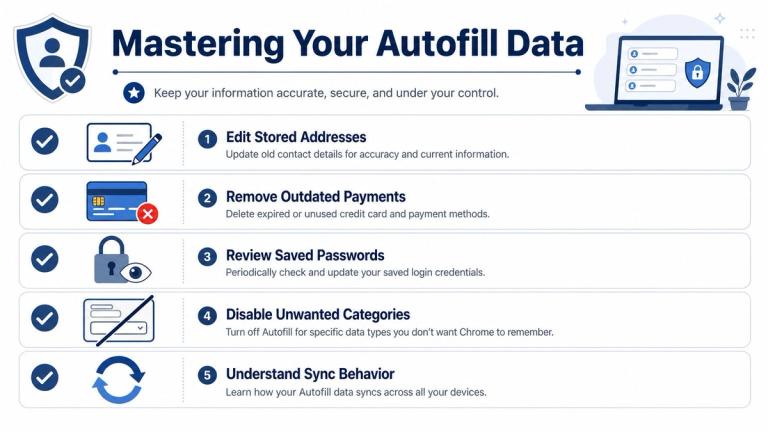An infographic titled Mastering Your Autofill Data, listing five tips for managing browser security and convenience.