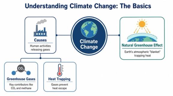 A diagram explaining climate change, showing causes, greenhouse gases, heat trapping, and the natural greenhouse effect.