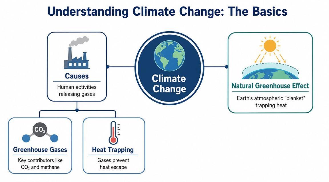 A diagram explaining climate change, showing causes, greenhouse gases, heat trapping, and the natural greenhouse effect.