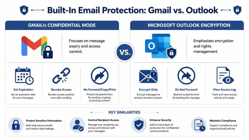 A comparison infographic between Gmail Confidential Mode and Microsoft Outlook Encryption for secure email communication features.