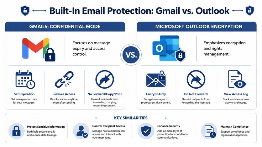 A comparison infographic between Gmail Confidential Mode and Microsoft Outlook Encryption for secure email communication features.