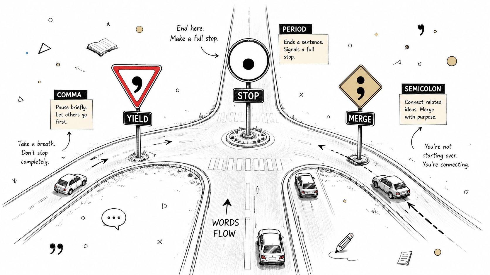 A visual illustration of punctuation marks compared to road signs controlling traffic flow for better writing.