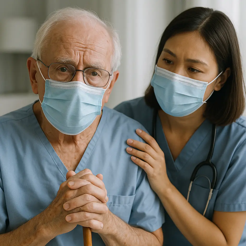 Elderly man with face mask receiving emotional support from nurse in hospital — COVID-19 risk, impact, and recovery in older adults