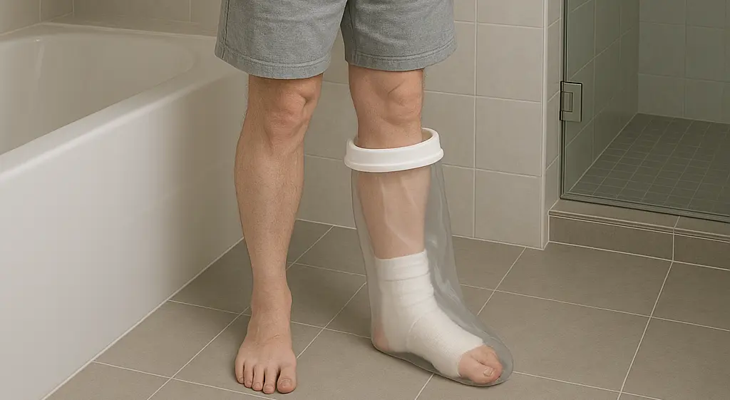 Image of a man using a waterproof cast protector to safely shower with a diabetic foot wound, preventing infection by keeping the bandage dry