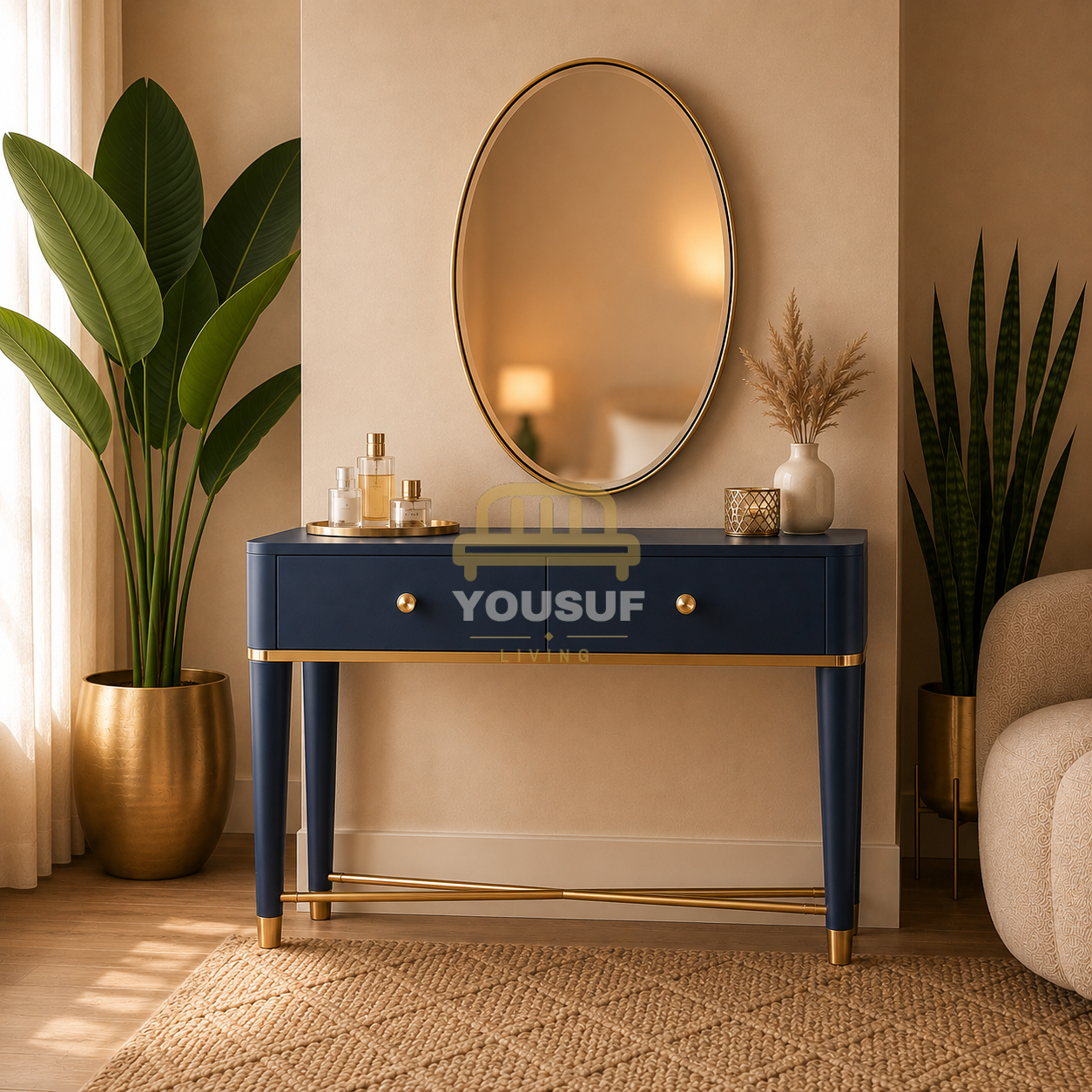 Navy Oval-Mirror Vanity