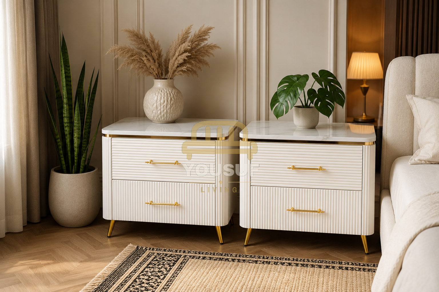Marble-Top Ribbed Nightstand (Round)