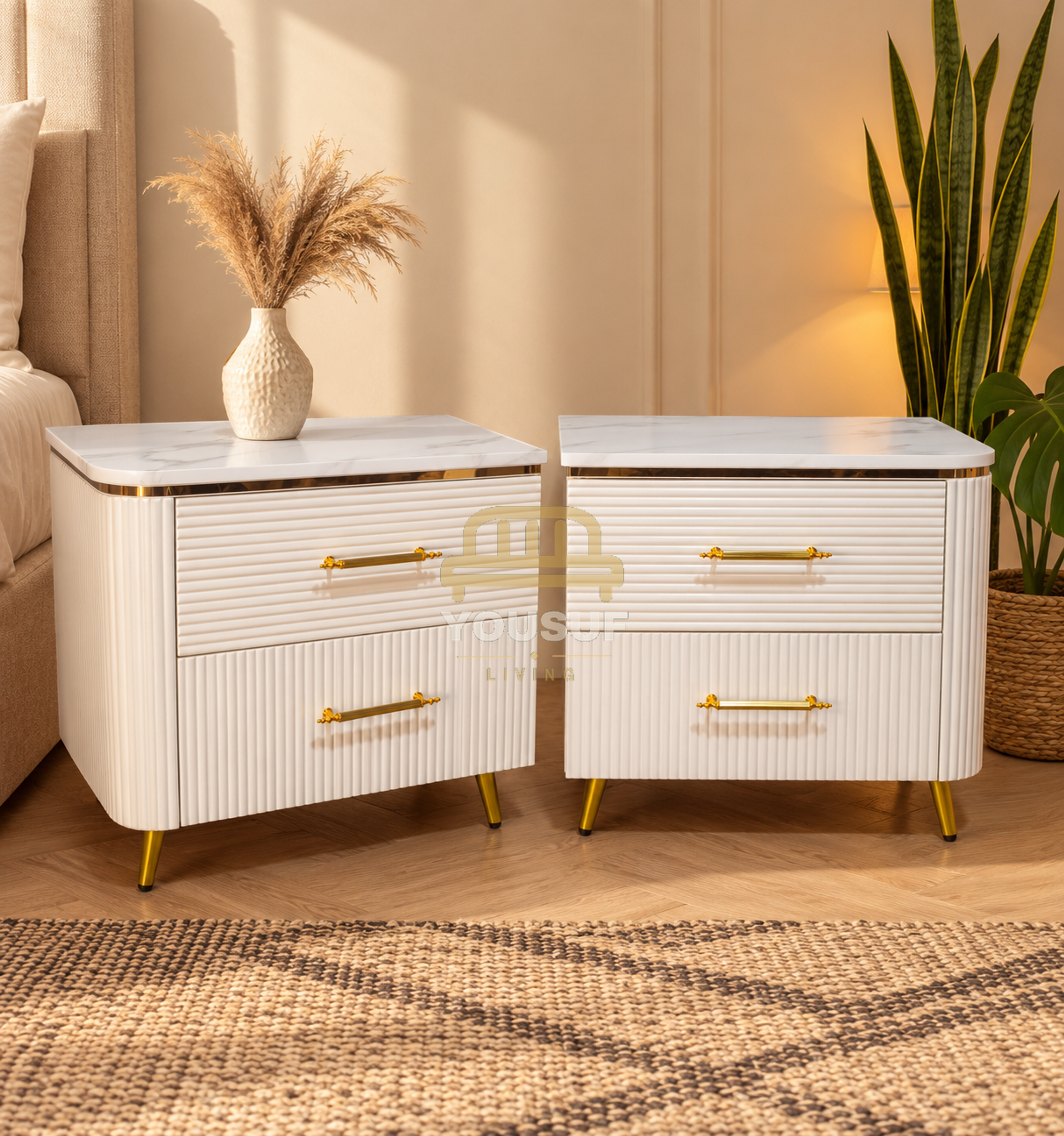 Marble-Top Ribbed Nightstand (Paired)