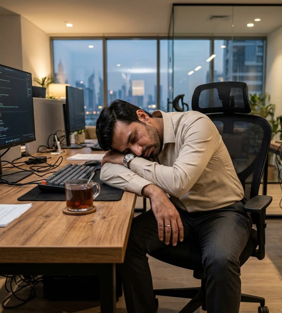 Un señor funcionando a fuerza de trabajar de noche.