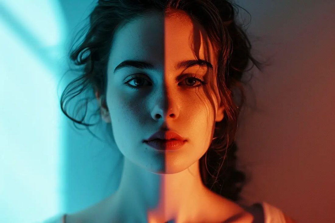 Una mujer entre luces que representan su personalidad