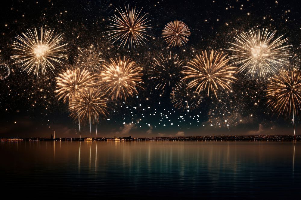 Fuegos artificiales en una ciudad, con vista al mar.