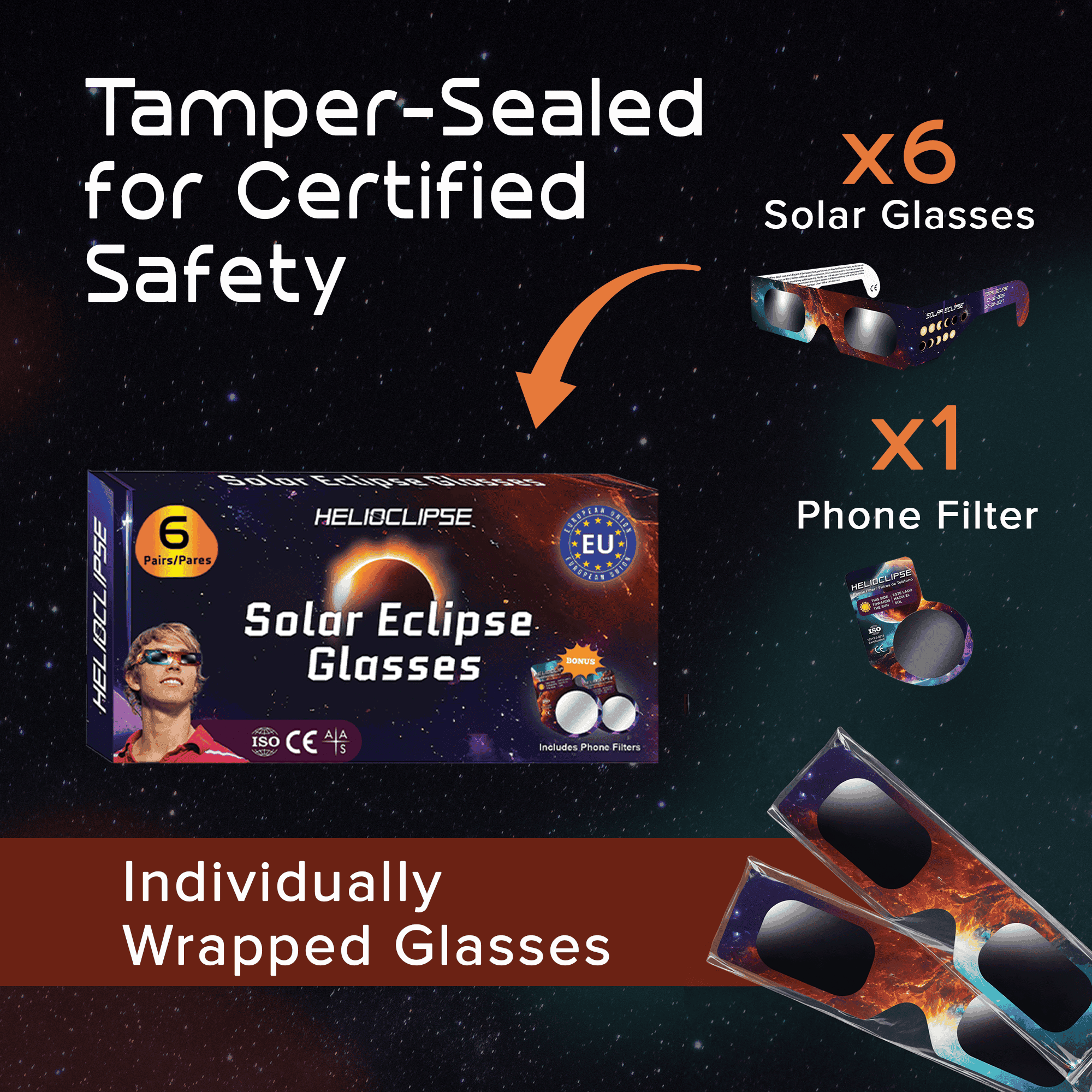 Helioclipse ISO 12312-2 certified solar viewers — 6-pack, tamper-sealed, with phone camera filter for safe imaging.