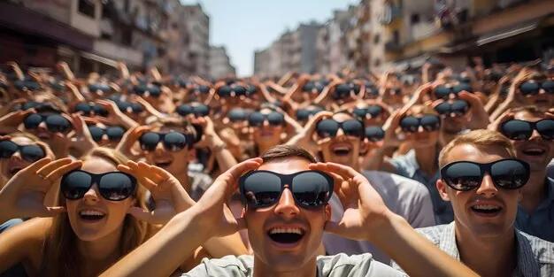Crowd wearing solar eclipse glasses watching eclipse with excitement and awe concept solar eclipse viewing excitement awe crowd reaction protective eyewear | Premium AI-generated image