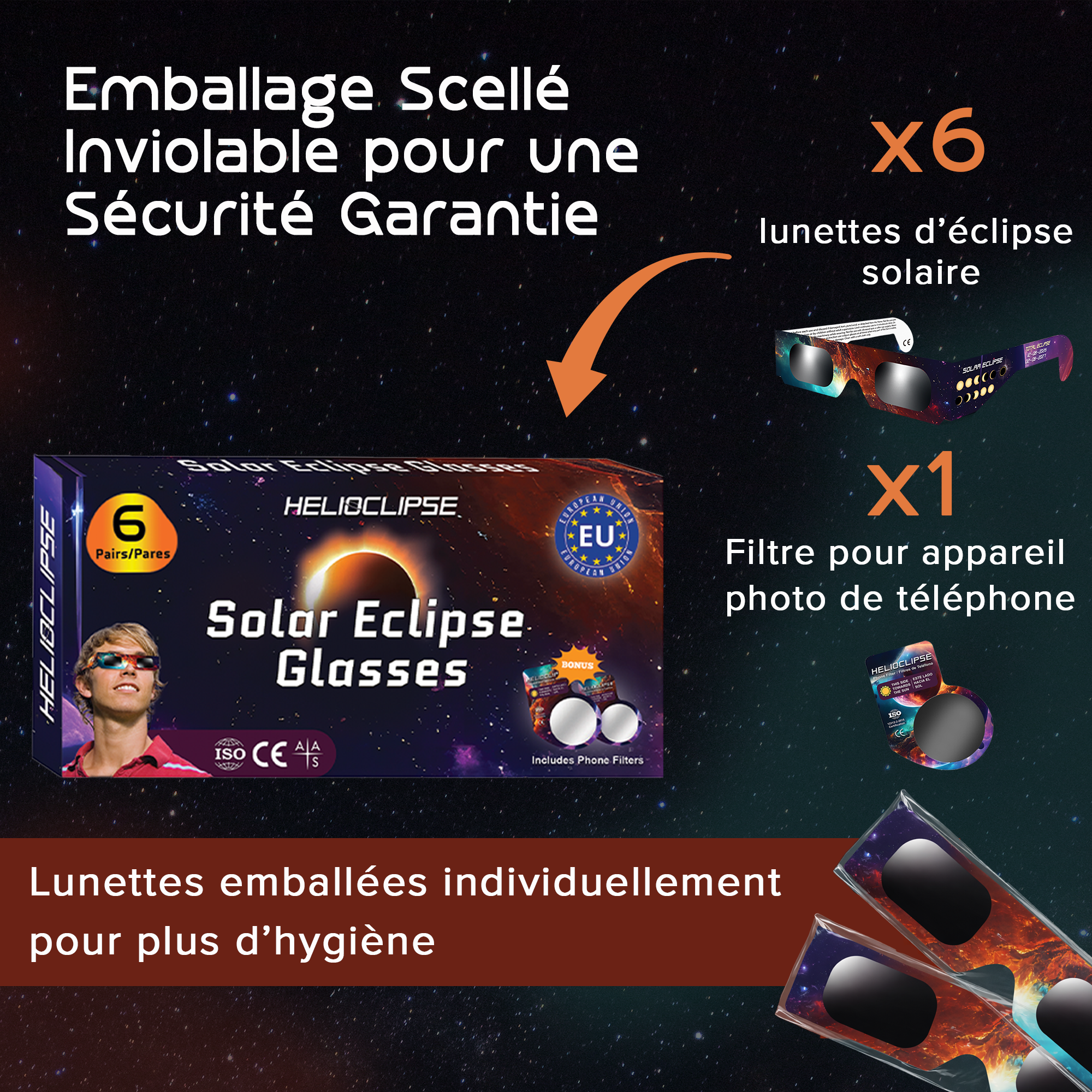 Lunettes solaires certifiées ISO 12312-2 Helioclipse — lot de 6, scellées inviolables, avec filtre photo pour téléphone pour une prise de vue sécurisée.