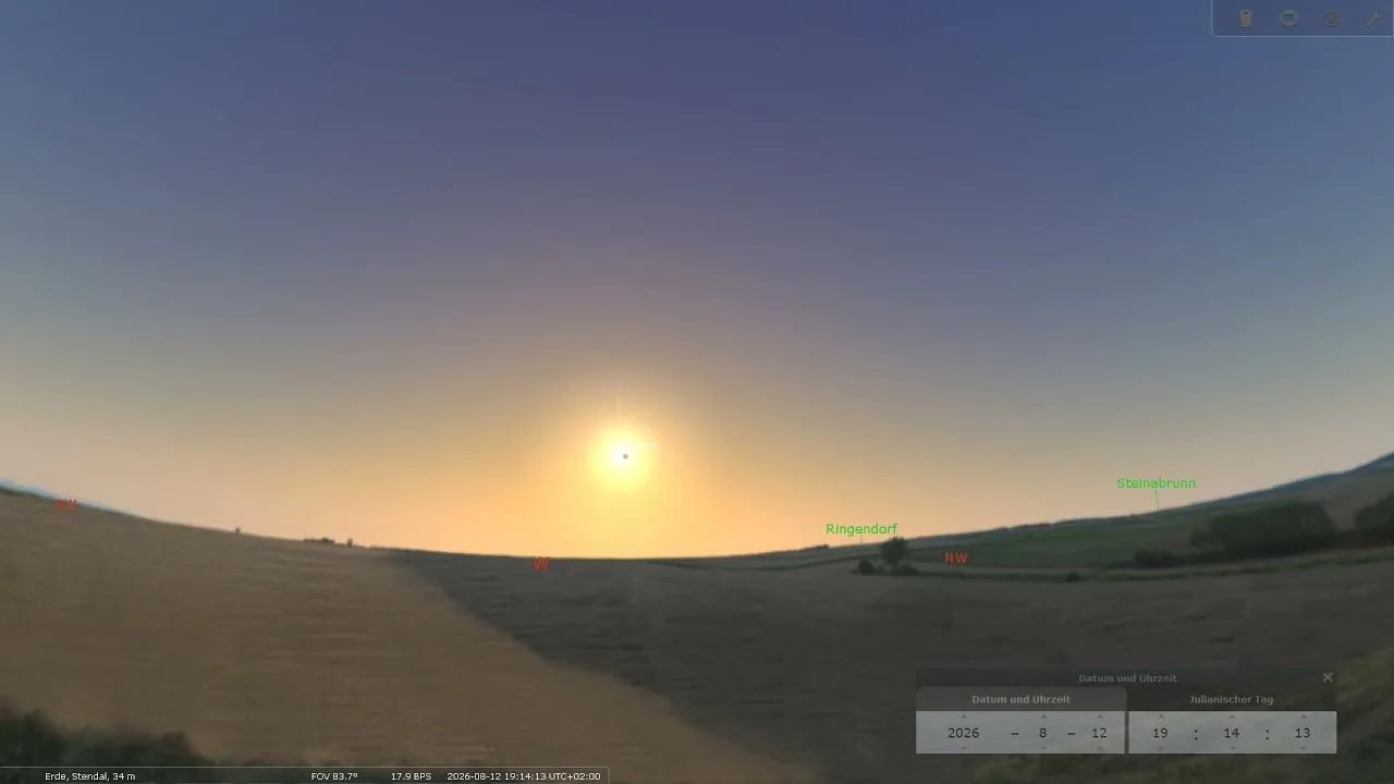 Eine auf Deutschland fokussierte Finsternisgrafik hilft dabei, die Erwartungen an einen dramatischen, aber dennoch partiellen Anblick richtig einzuordnen.