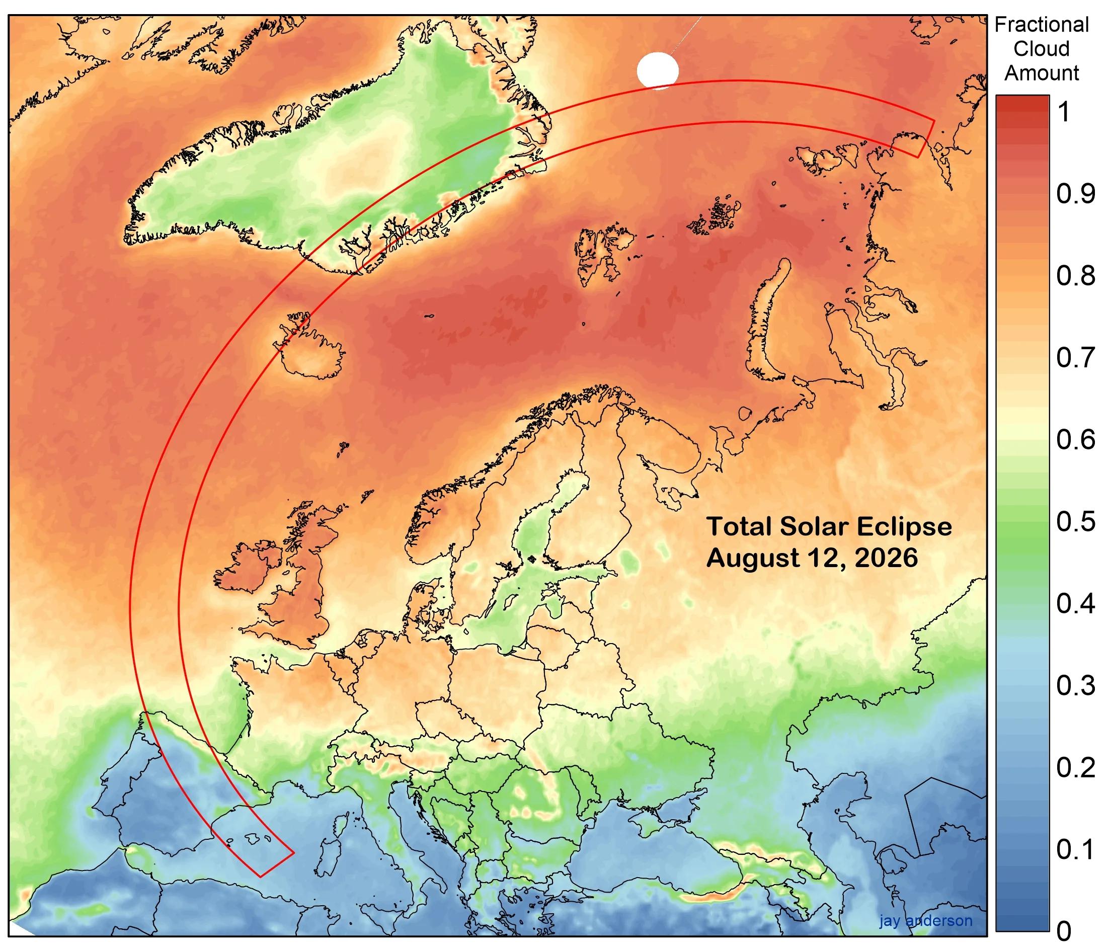 Carte axée sur la météo pour l’éclipse solaire totale du 12 août 2026.