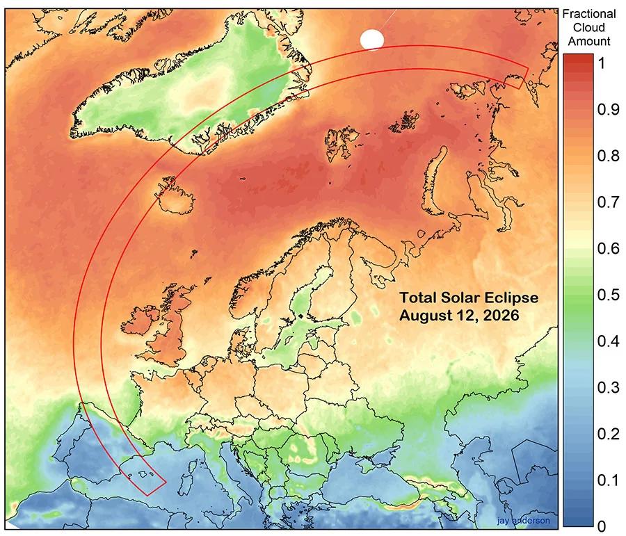 Weather prospects map for the August 12, 2026 total solar eclipse across Greenland, Iceland, and Spain.