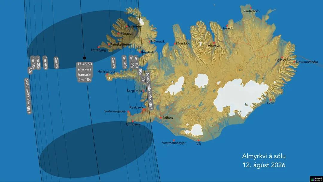 Kort af Íslandi fyrir sólmyrkvann 2026 | Sólmyrkvi 2026