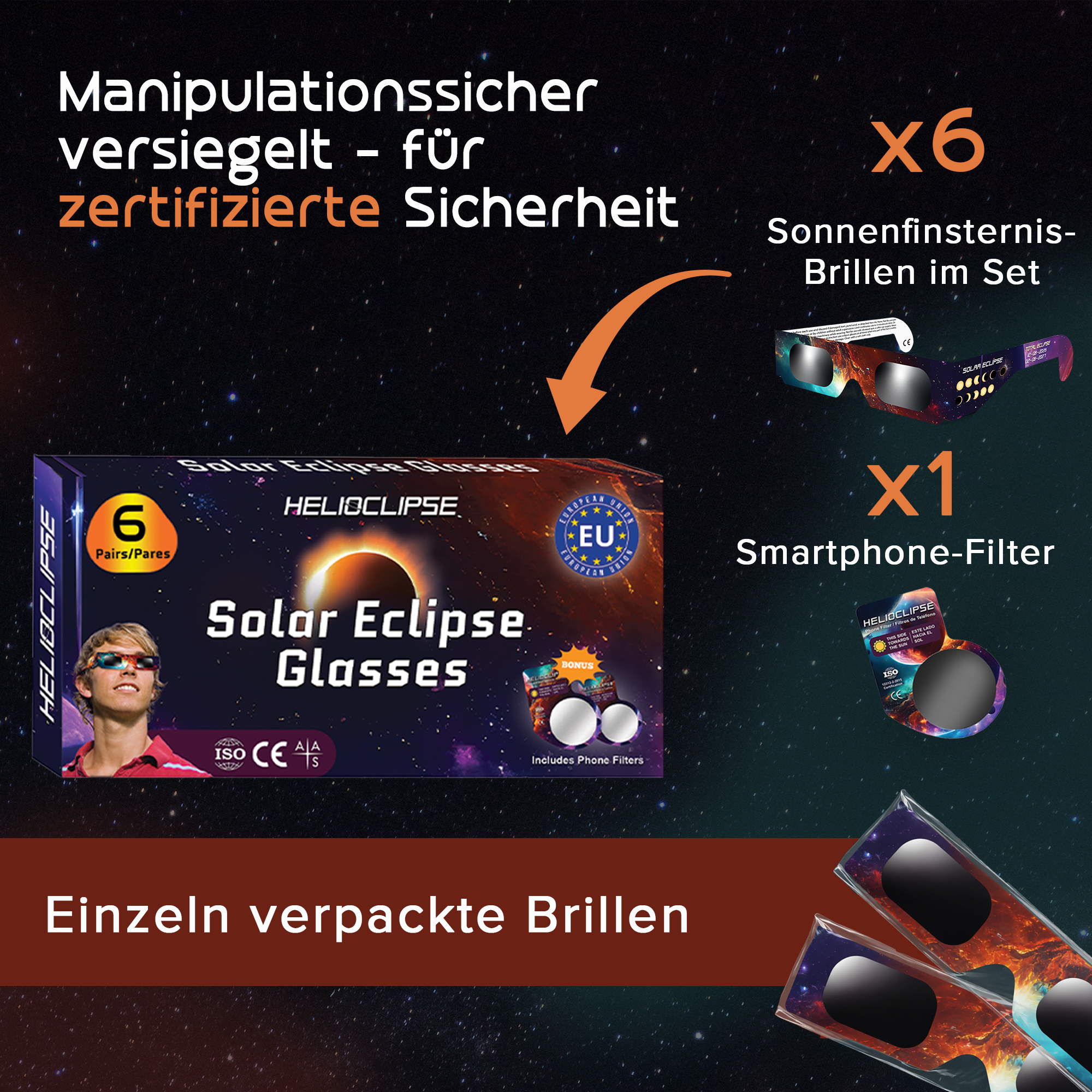 Helioclipse ISO 12312-2-zertifizierte Sonnenfinsternisbrillen — 6er-Pack, manipulationssicher versiegelt, mit Smartphone-Kamerafilter für sicheres Fotografieren.