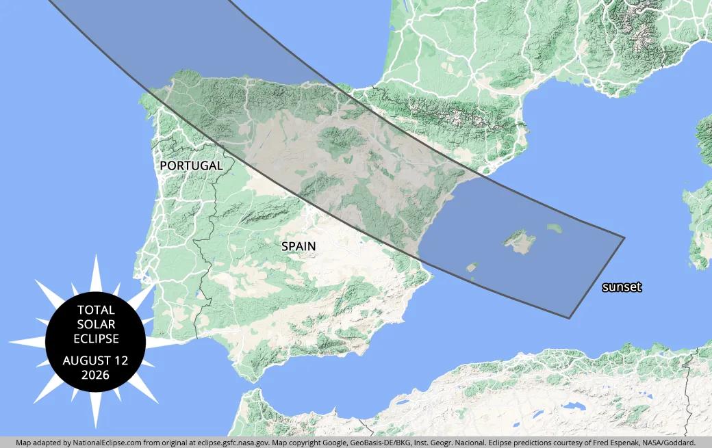 Carte du trajet de l’éclipse en Espagne et au Portugal pour l’éclipse solaire totale du 12 août 2026.