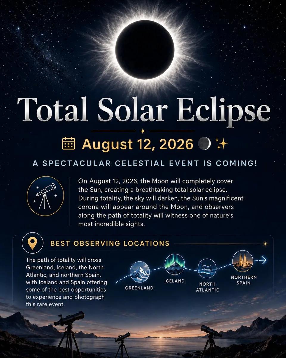 On August 12, 2026, a total solar eclipse will sweep across the Earth, revealing the Sun's breathtaking corona, prominences, and the magical diamond ring effect. Join the astrophotography community and image the