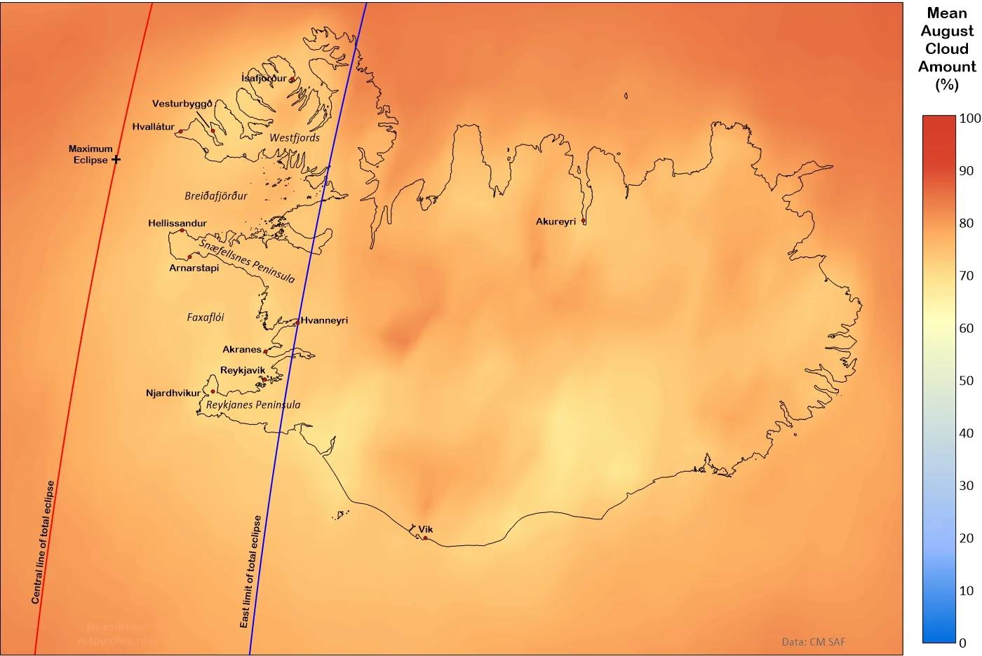 Skýja- og veðurmynd sem tengist líkum á skyggni á Íslandi fyrir myrkvann 2026.